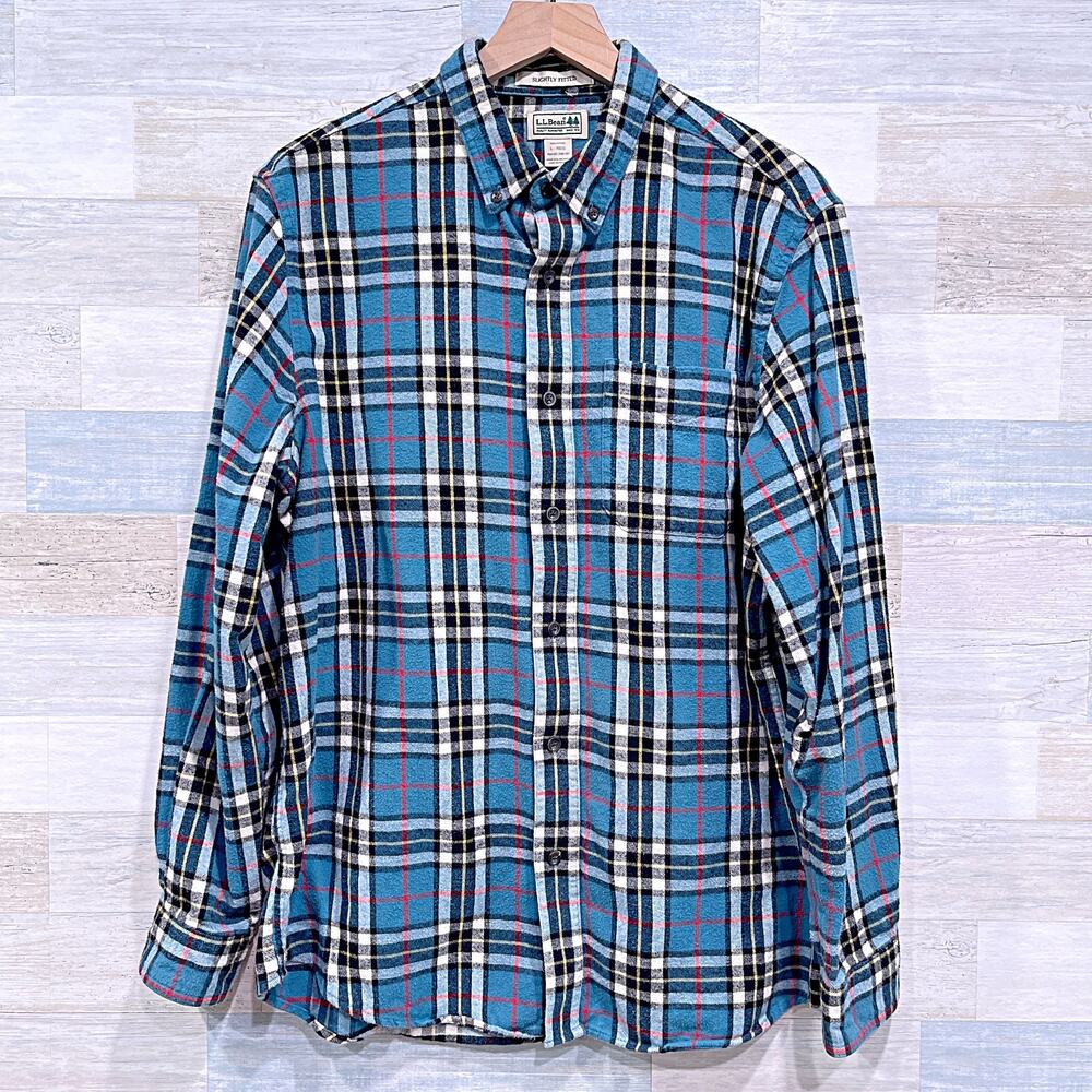 LL Bean Flannel Button Down Shirt Blue Black Plaid Slight Fitted VTG Mens Large